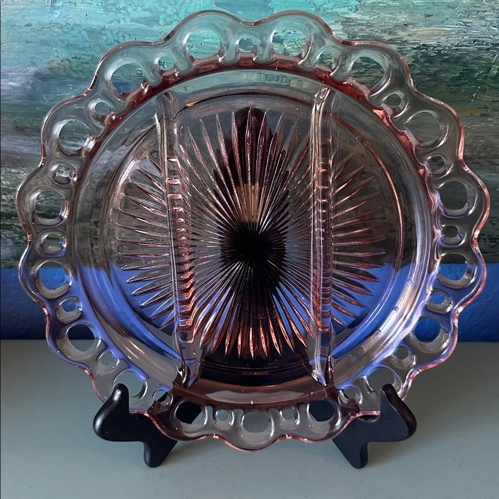 3 OLD COLONY Anchor  Depression Glass Platter Serving Plates Divided Lace edge